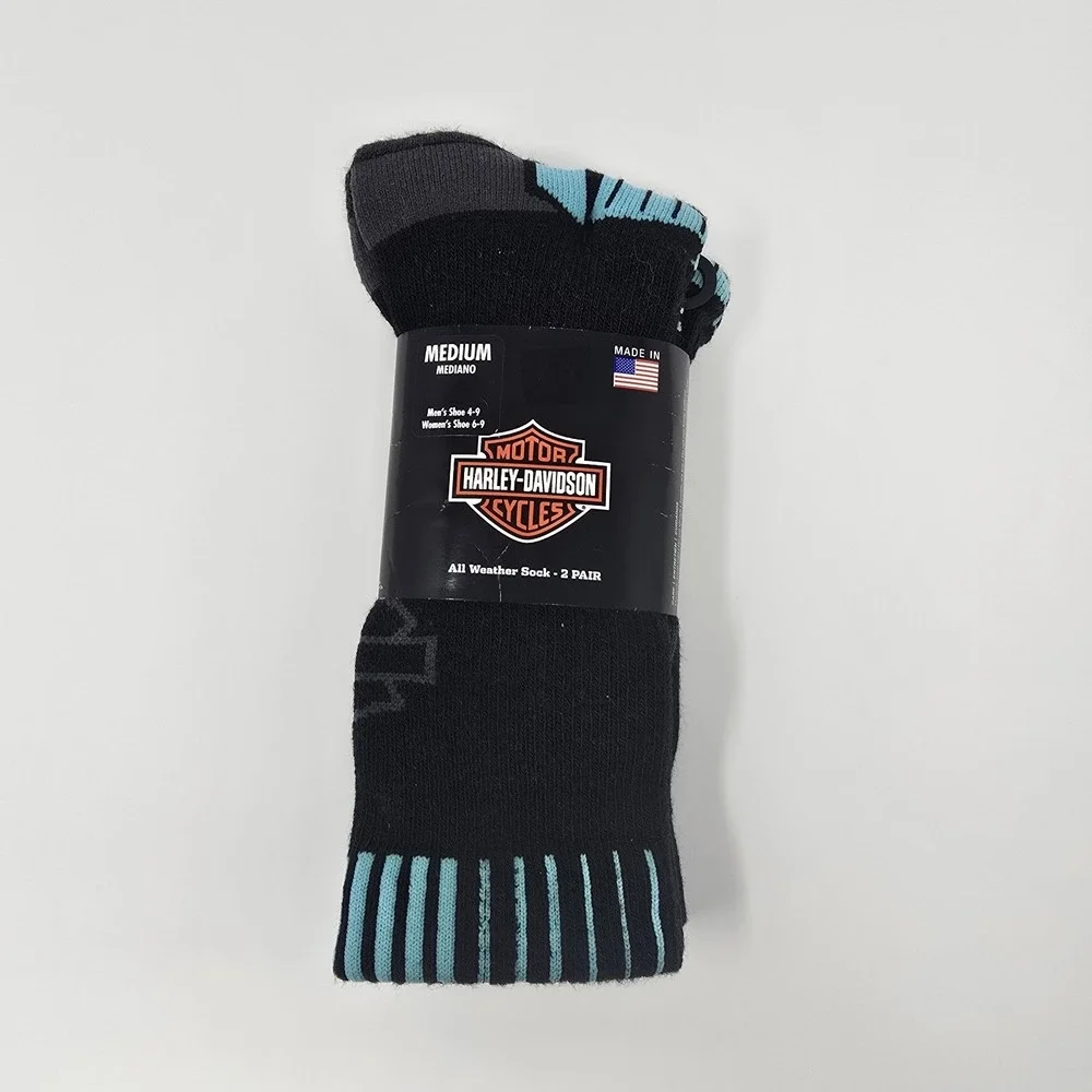 Harley-Davidson Mens All Weather Socks 2 Pair Pack Black Blue Logo Size Medium